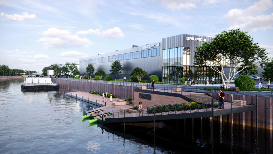 Chicago River dock industrial rendering with waterfront loading and rail access