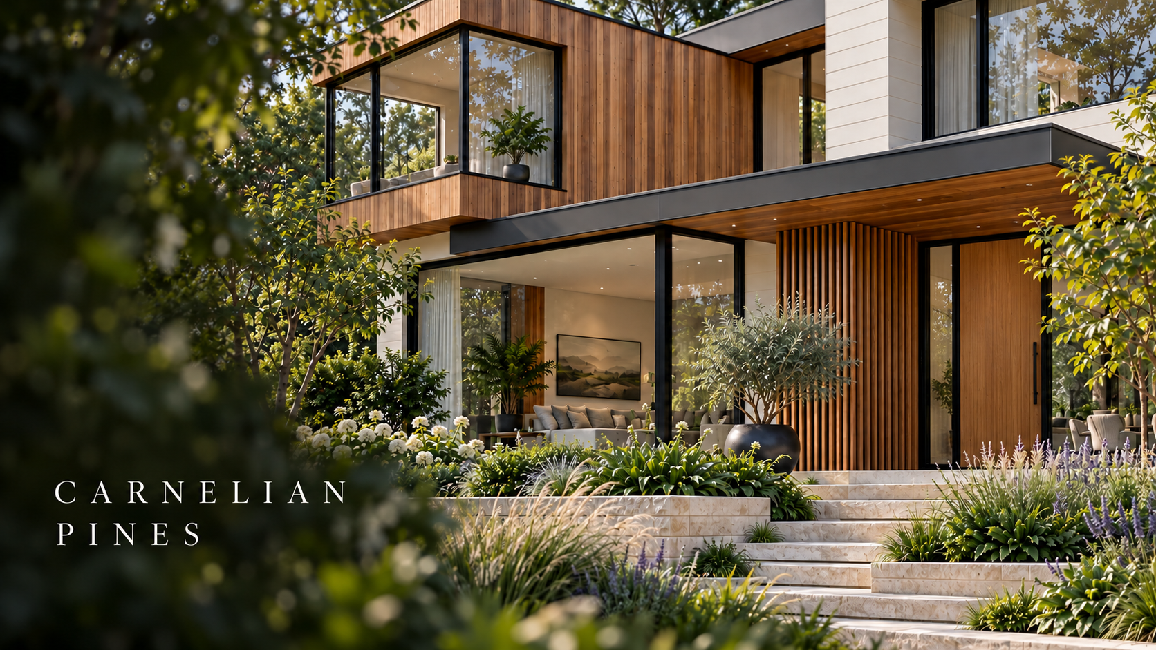 Opening shot of the Carnelian Pines single-family architectural animation with warm timber and natural light