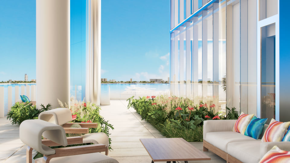 Photoreal dusk rendering of the Missoni Baia waterfront high-rise tower in Miami with reflective glazing and coastal context