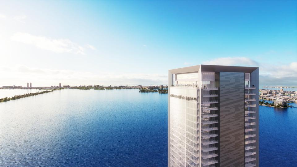 Missoni Baia exterior condo rendering from Miami Beach, 57-story Edgewater tower