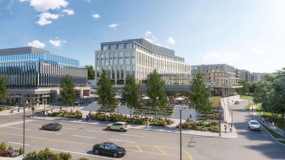 Manhasset Square exterior rendering, Brookfield and Macy's mixed-use development on Long Island