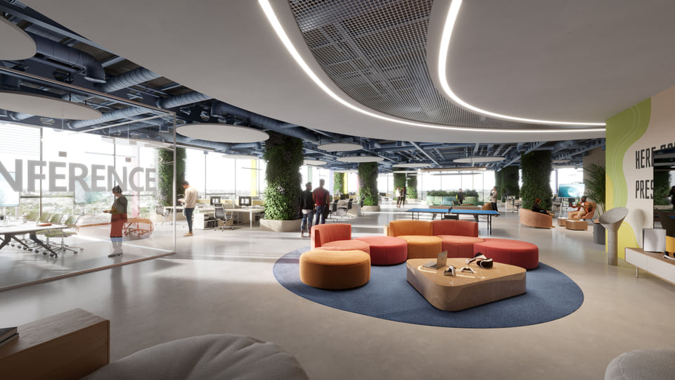 Open office interior with collaborative desk clusters, large windows, and contemporary décor