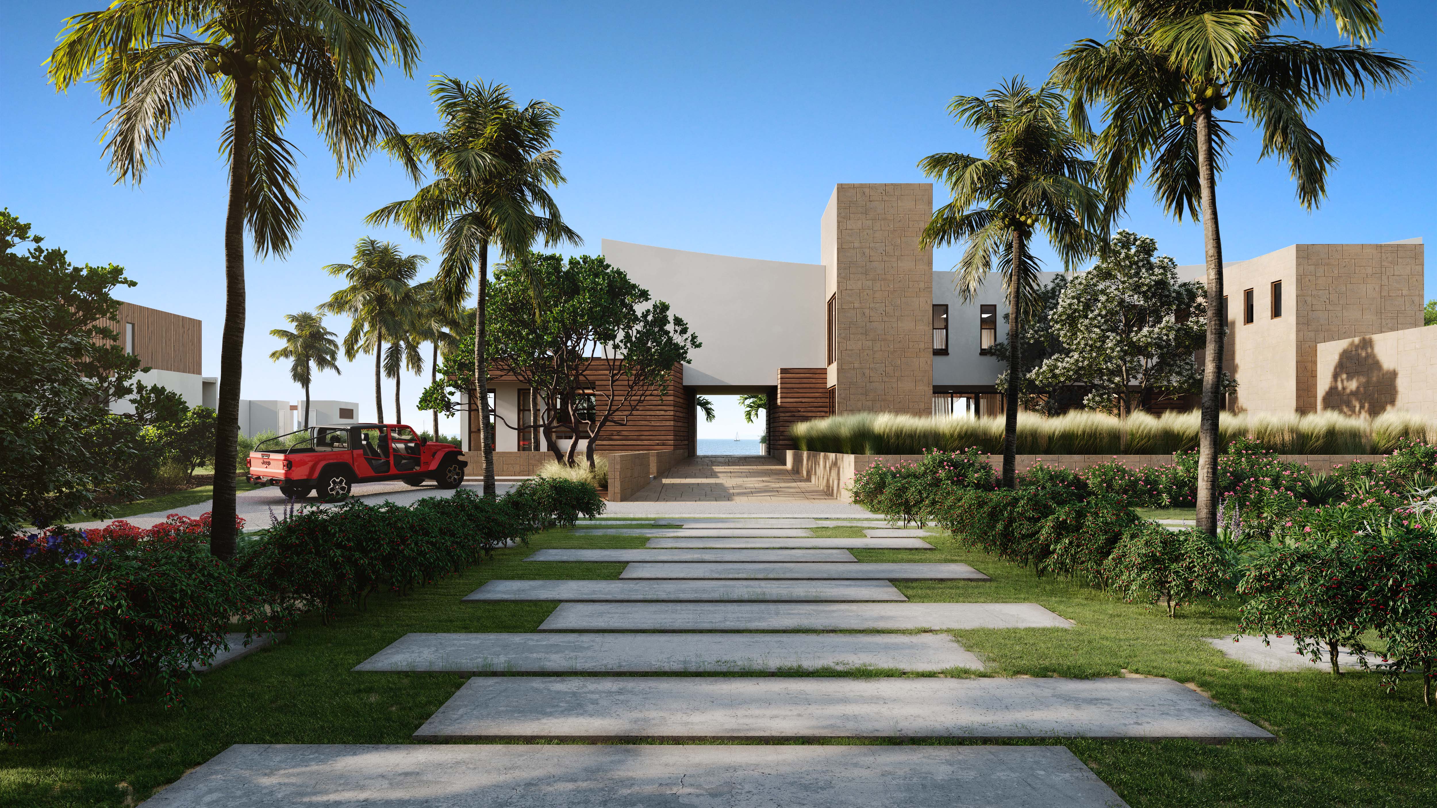 A 3D visualization of a Caribbean island home interior, showcasing a modern kitchen with high-end appliances, an island with seating, and tropical-themed decor.
