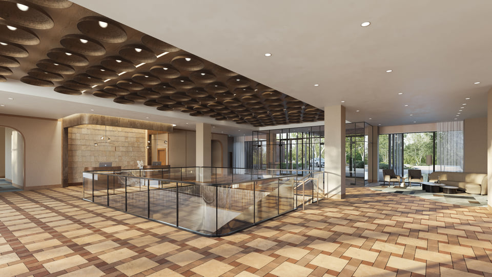 Elevation Hotel Montgomery lobby rendering, modern hospitality interior visualization