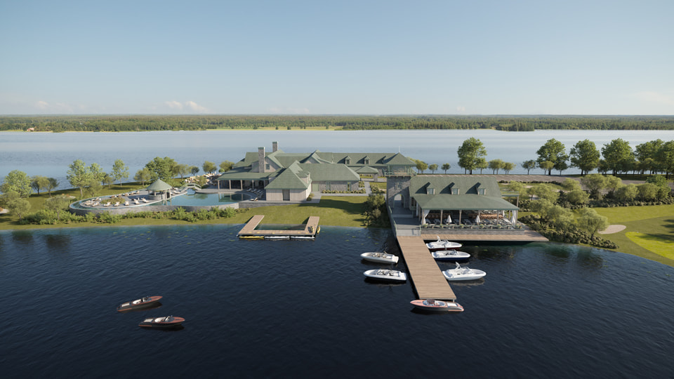 Freestone Club, Fairfield TX. Aerial rendering across open water toward the private marina, ski boats at the dock, lake house, and clubhouse pool terrace beyond by Radical Galaxy Studio