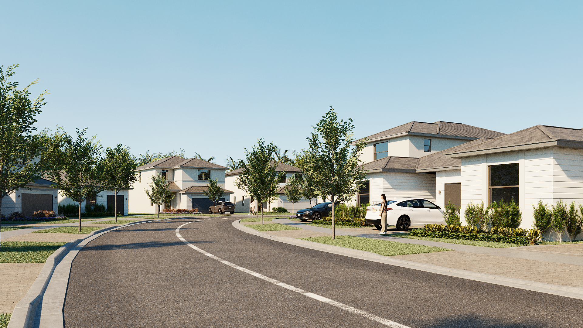 Lennar single-family production streetscape exterior rendering with curved neighborhood road by Radical Galaxy Studio.