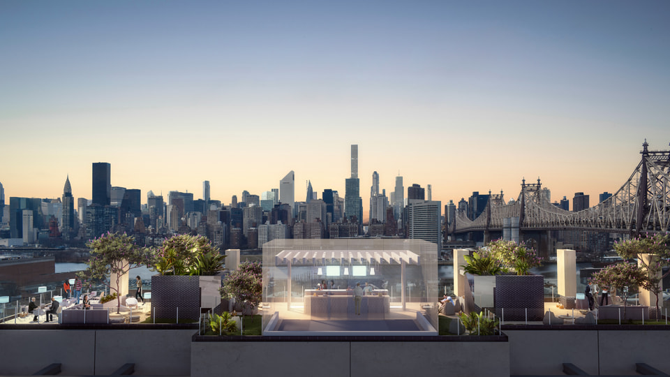 Z Hotel, Long Island City NY — rooftop terrace hospitality rendering with lounge seating and Manhattan skyline views across the East River by Radical Galaxy Studio
