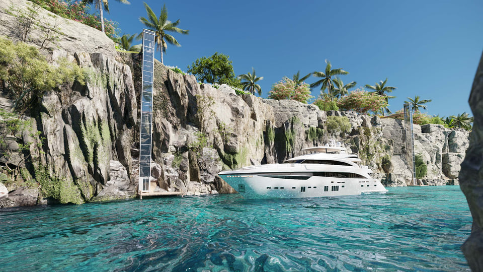 Habacoa, Bahamas — superyacht passing through a rock-lined canal with glass towers along the cliff