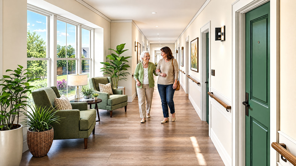 Senior living corridor rendering with handrails, seating, daylight, and clear apartment entries