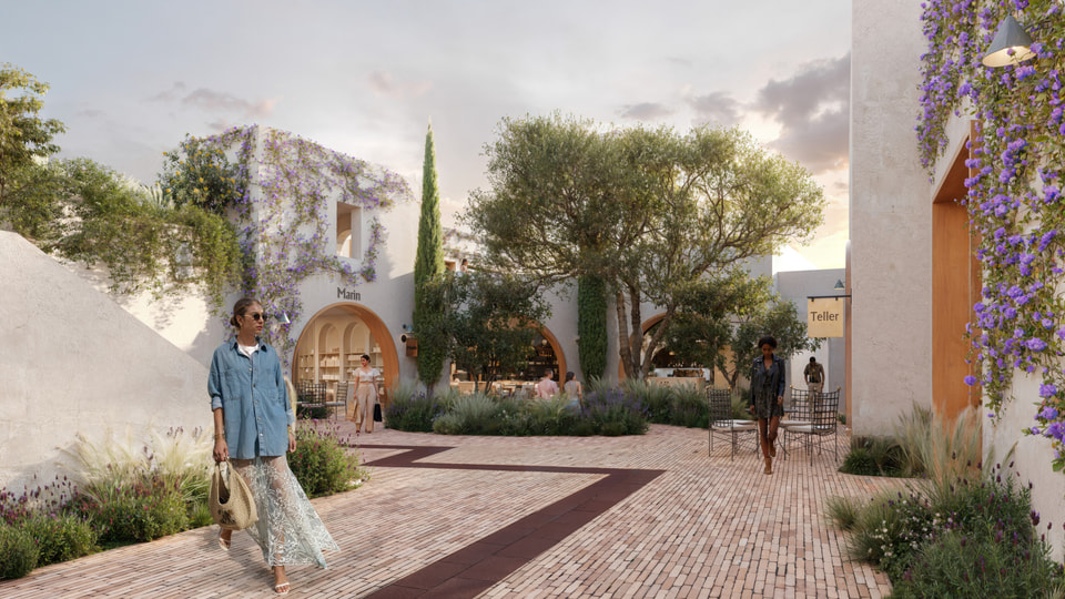 Santa Monica CA. Ground level rendering of a retail village paseo with arched boutique fronts, cypress and olive trees, brick banded paving, and shoppers in evening light by Radical Galaxy Studio