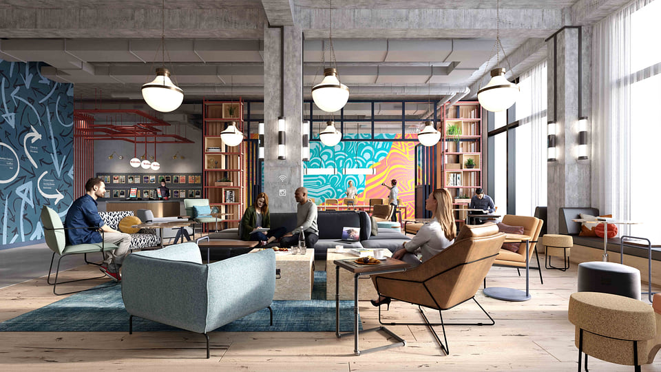 All-day cafe and lobby-bar rendering with co-working seating