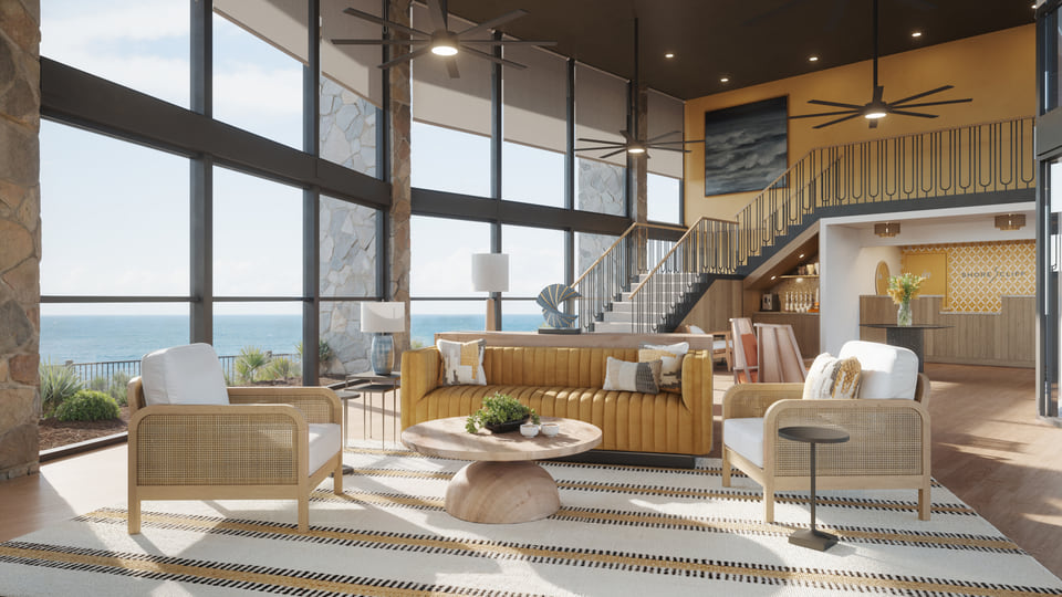 Hospitality 3D rendering by Radical Galaxy Studio of a beachside resort lobby with stylish decor, large windows, and panoramic ocean views.