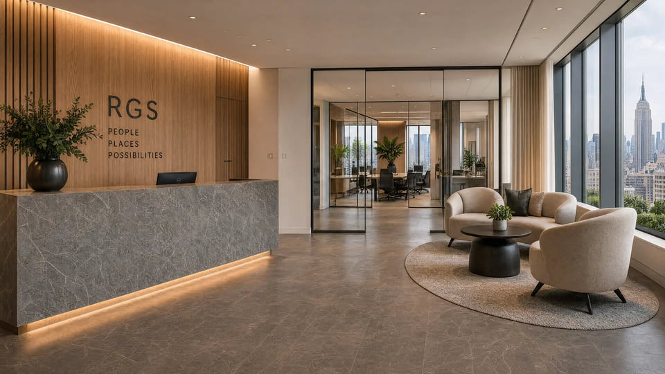 AI concept rendering of a Manhattan office reception with backlit oak feature wall, stone desk, curved boucle lounge seating, and Empire State Building views.
