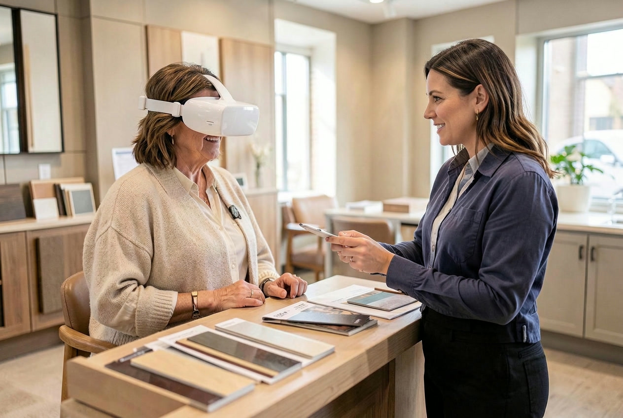 Home buyer wearing a VR headset in a builder design center while a sales consultant guides the tour