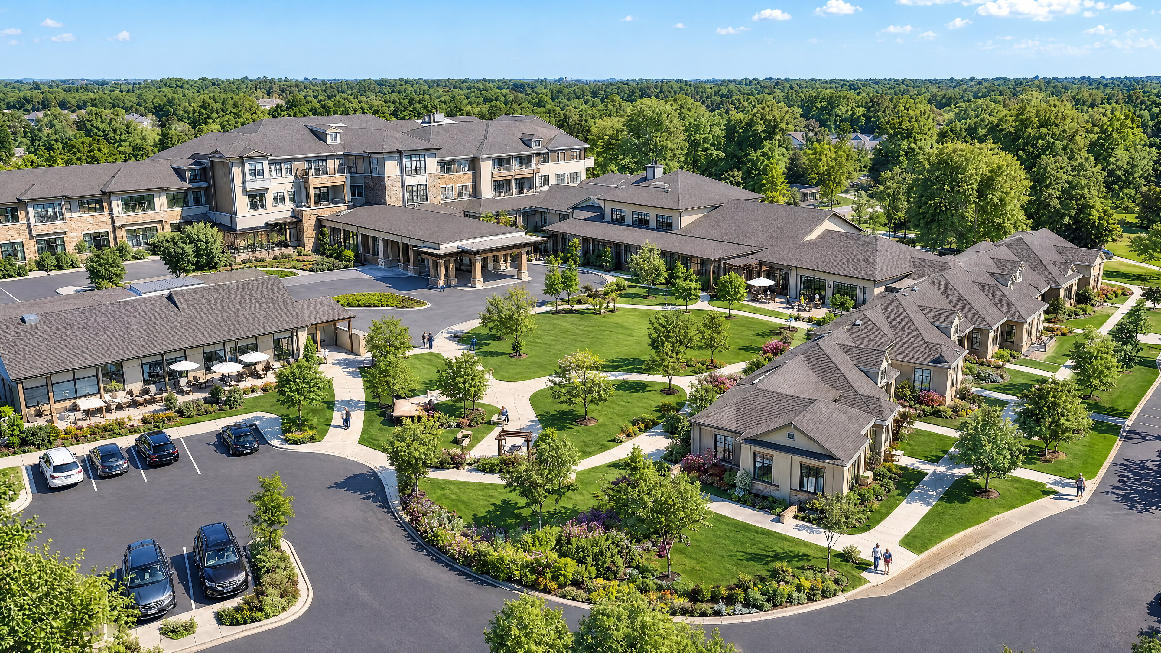 Aerial rendering of a residential campus showing building massing, parking, and landscaped grounds in site context