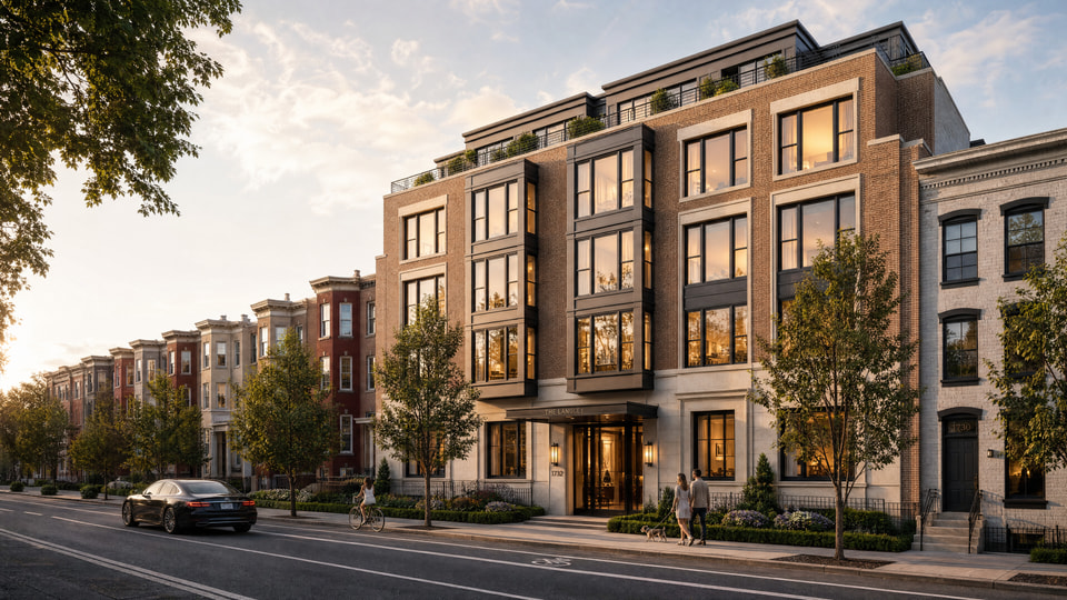 Washington DC boutique multifamily exterior at dusk — brick and limestone facade with steel-framed windows along a rowhouse-lined street by Radical Galaxy Studio