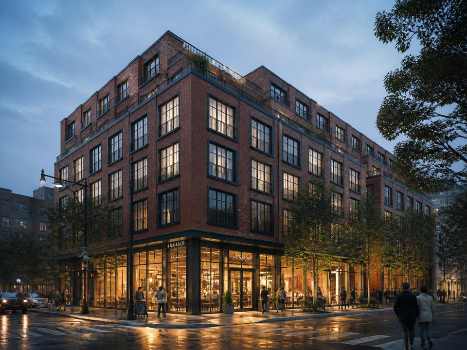 Photoreal dusk rendering of the finished red brick mixed-use corner building with lit retail base and planted upper terrace.