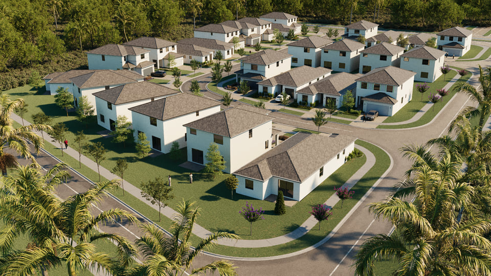 Lennar single-family community aerial rendering showing streets, lots, and neighborhood context.