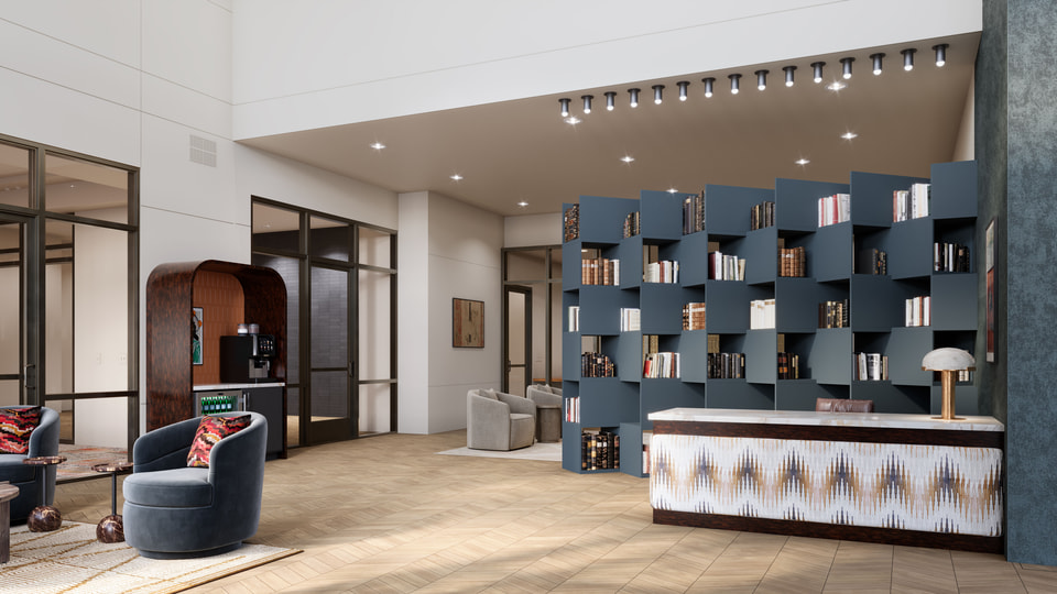 Cortland Arlington — Cortland. Reception and arrival sequence with concierge desk, art moment, and material palette by Radical Galaxy Studio