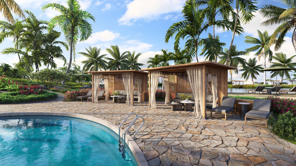 Architectural 3D visualization of a pool cabana at Hyatt Hawaii featuring shaded seating areas and lush greenery.