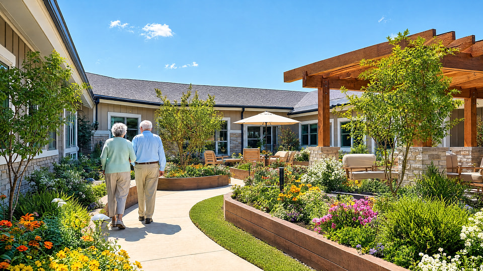 Senior living courtyard rendering with accessible paths, gardens, and shaded seating
