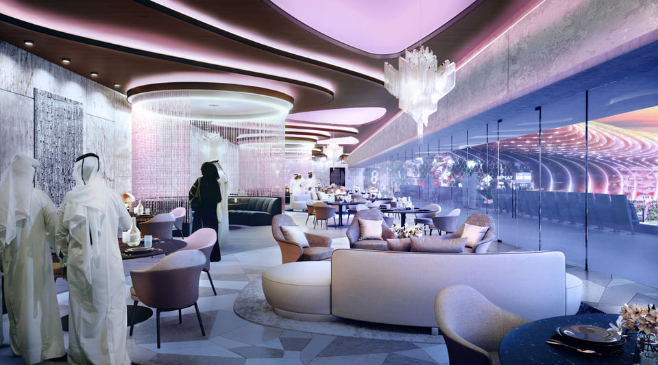Luxury Middle East stadium suite with lounge seating and event-day field views
