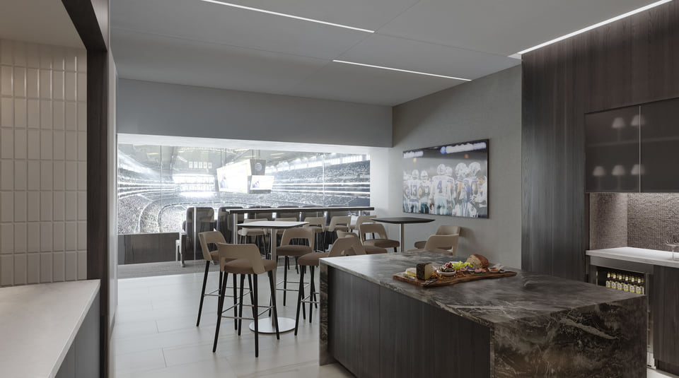 Dallas Cowboys stadium suite rendering with open seating and field views