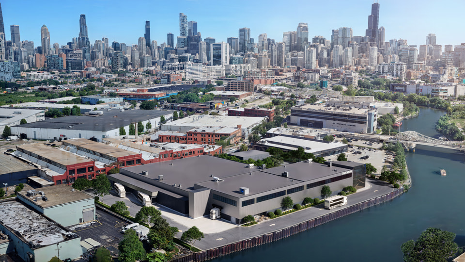 DMG Mori, Chicago IL — manufacturing plant exterior rendering with branded facade and screened truck court
