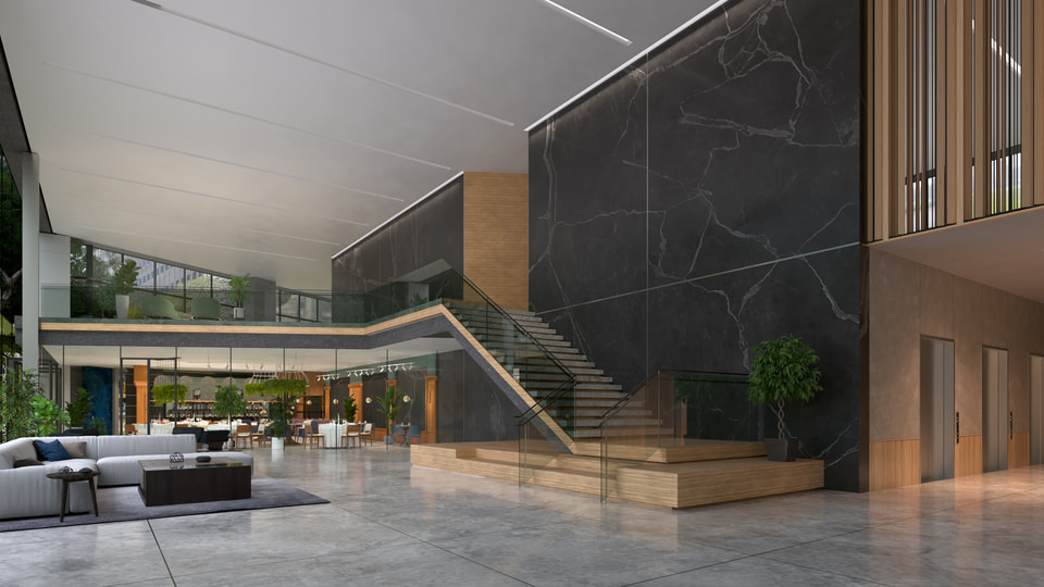 The Sinclair, Dallas TX. Office lobby rendering with feature stair, marble wall planes, lounge seating, and new curtain wall opening the volume to daylight by Radical Galaxy Studio