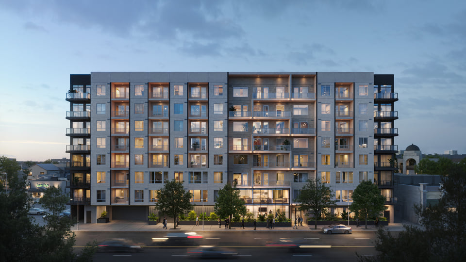 Denizen, San Diego CA — Carmel Partners. Sunset exterior with activated streetscape and warm interior glow by Radical Galaxy Studio