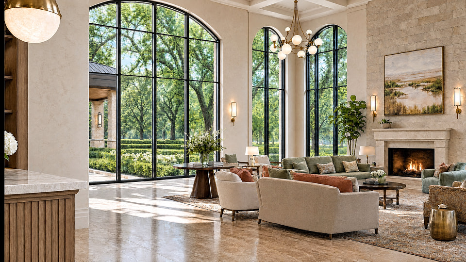 Senior living lounge rendering with fireplace seating and doors opening to a landscaped courtyard