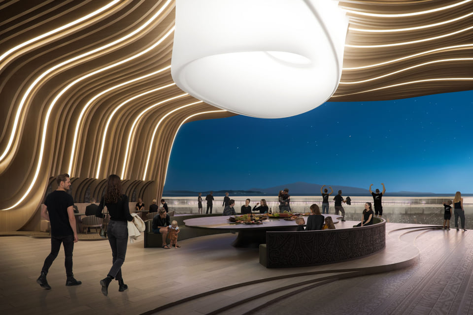 Architectural rendering of a luxury sports stadium all blacks lounge with modern sculpted interiors, panoramic views, and guests enjoying a nighttime event.