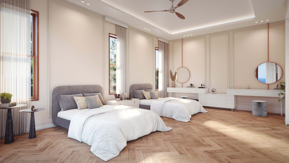 Interior rendering of a primary bedroom with twin beds, cream wall paneling, herringbone wood floors, a ceiling fan, and round vanity mirrors