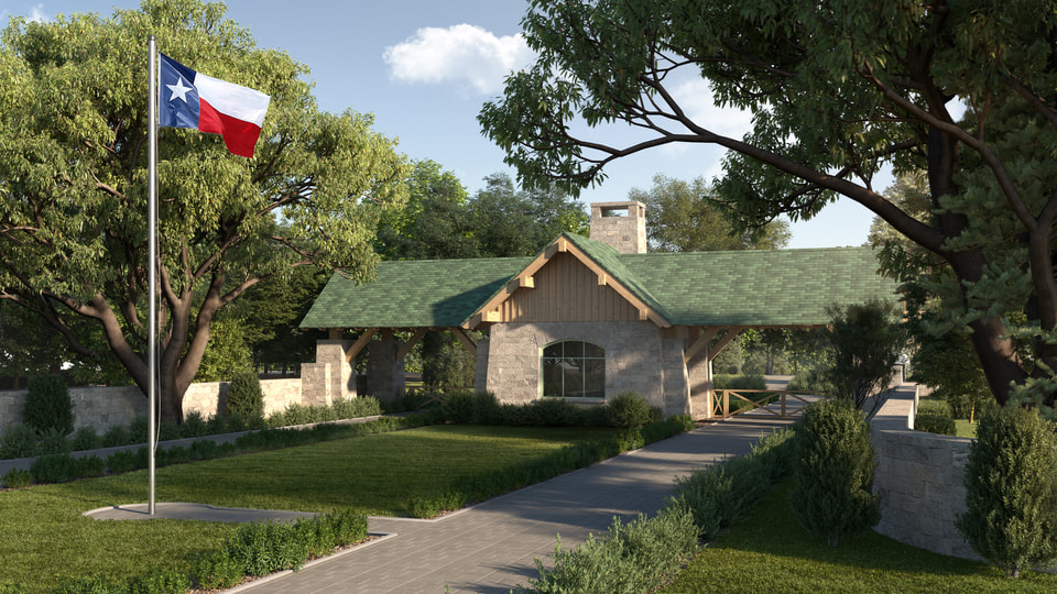 Freestone Club, Fairfield TX. Rendering of the stone and timber gatehouse at the private club entry with Texas flag, clipped hedges, and shaded arrival walk by Radical Galaxy Studio