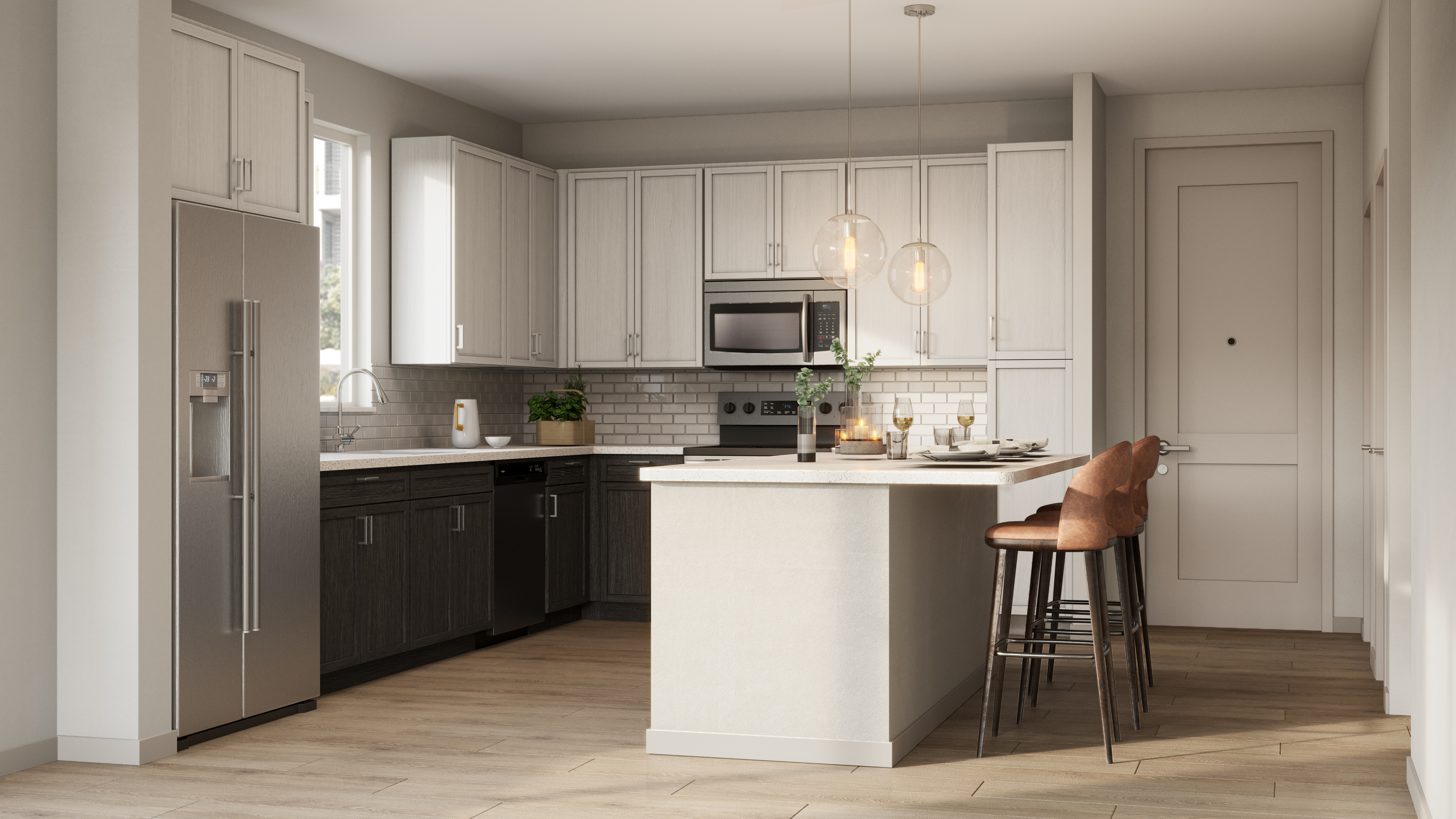 Student housing unit kitchen rendering with modern cabinetry, island seating, and the specified appliance package