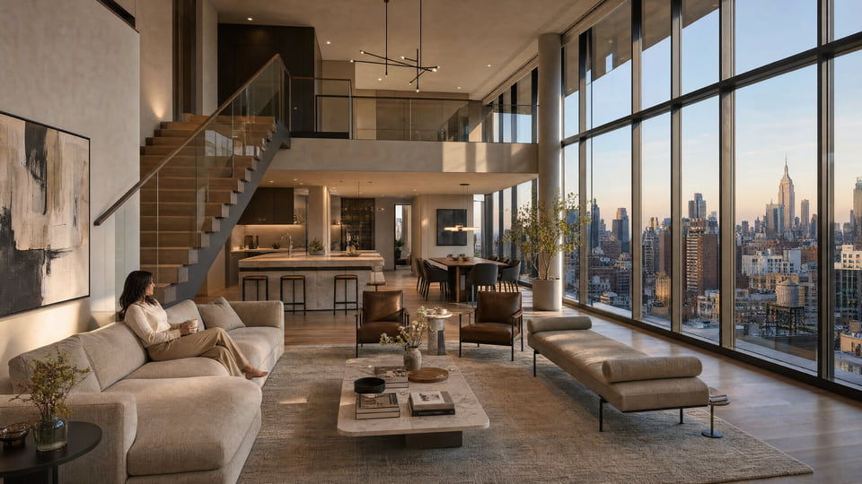 New York duplex penthouse great room at dusk with double-height floor-to-ceiling windows, floating oak-and-glass stair, and Empire State Building skyline view