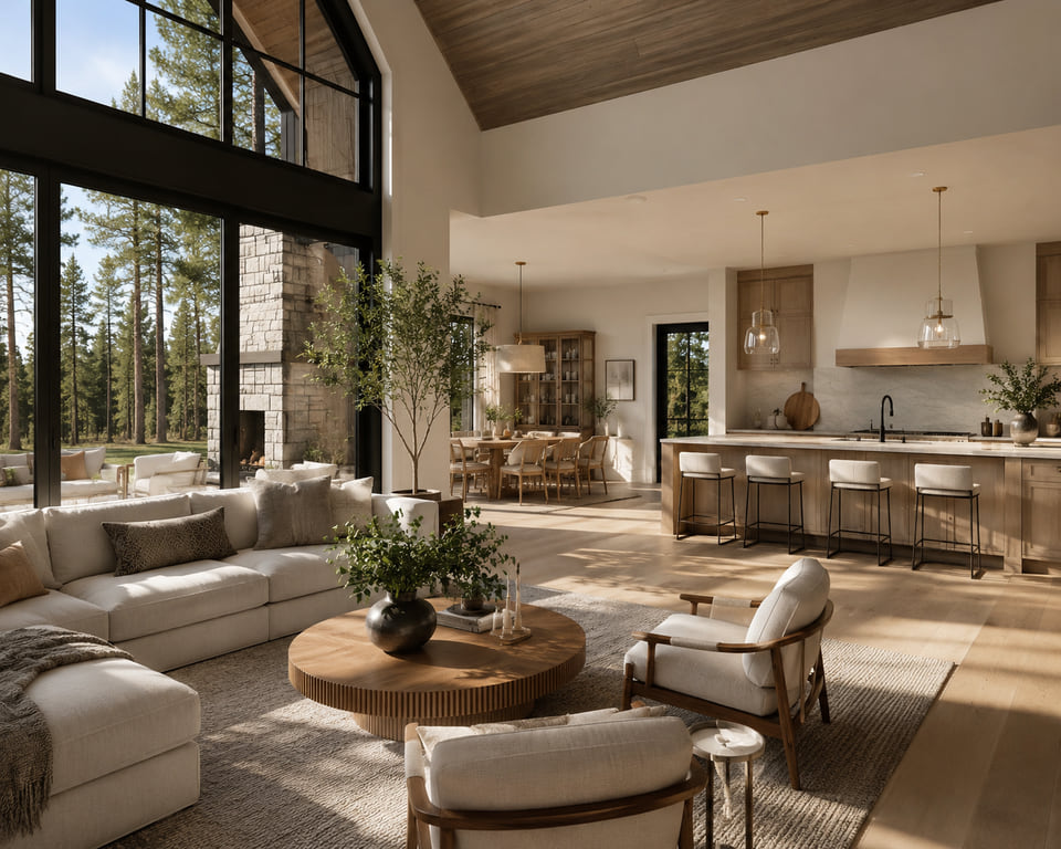 Pacific Northwest single-family great room rendering with vaulted wood ceiling, stone fireplace, open kitchen, and floor-to-ceiling forest views