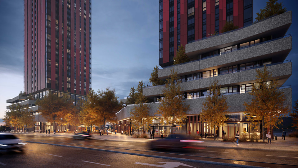 Masterplan streetscape rendering at night with lit retail frontage and pedestrians along the river.
