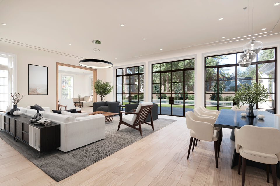 Before-and-after virtual staging of an empty living room furnished with photoreal furniture
