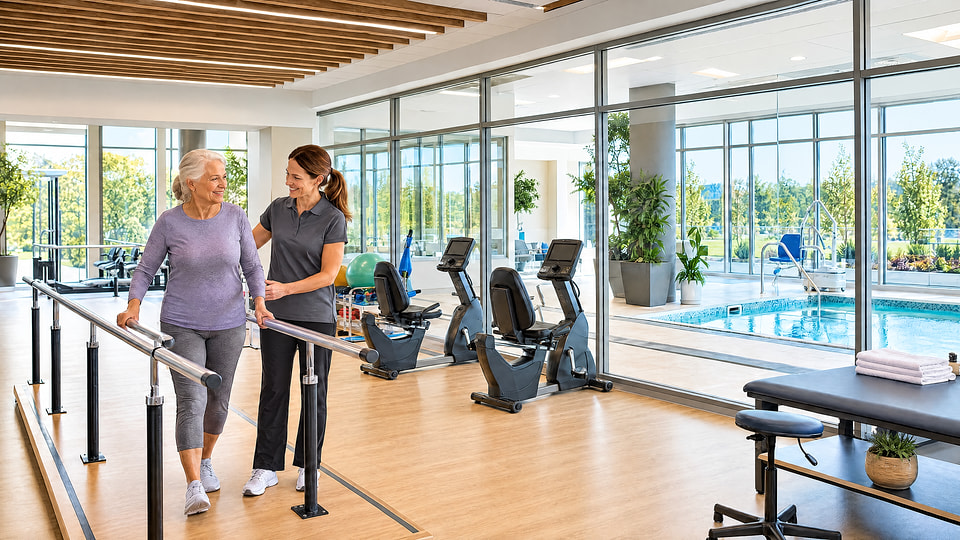 Senior living therapy and fitness room rendering overlooking an indoor pool