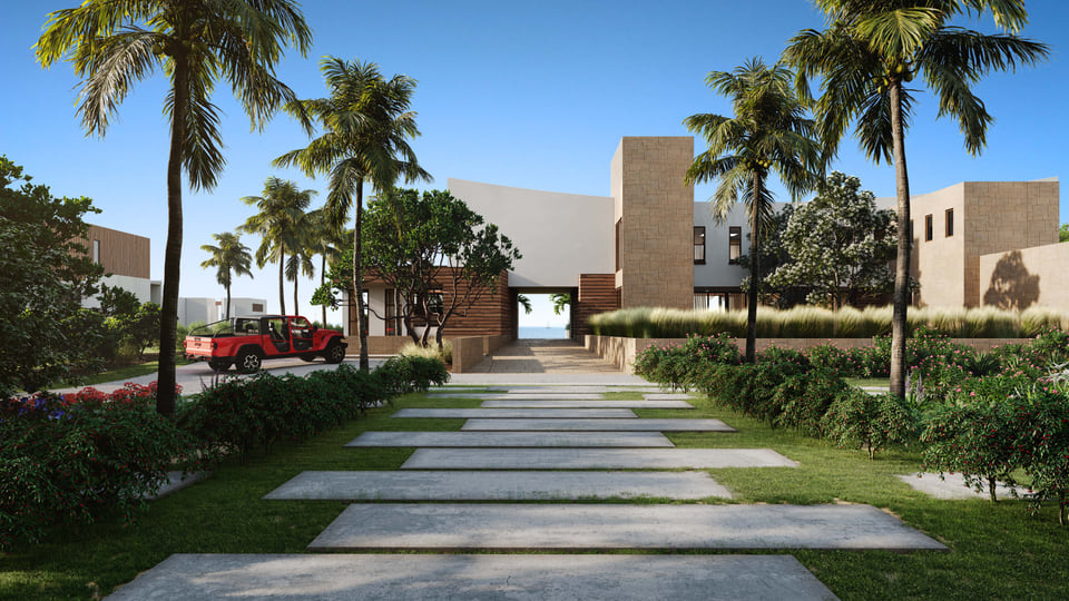 Rendering of a modern Caribbean beachfront residence with cream stucco walls, wood accents, a palm-lined paver driveway, and a red pickup at the entry