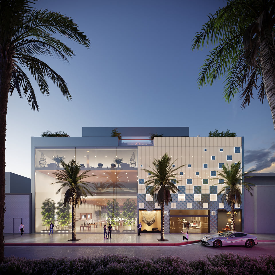 360 North Rodeo Drive, Beverly Hills CA. Twilight rendering of the flagship retail facade with full height glazing, patterned metal panel screen, palms, and a sports car at the curb by Radical Galaxy Studio