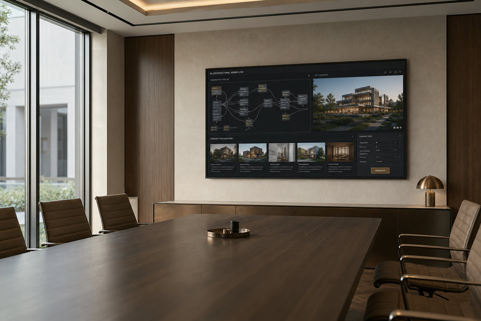 Architecture team reviewing AI-generated design directions on a large conference-room display.