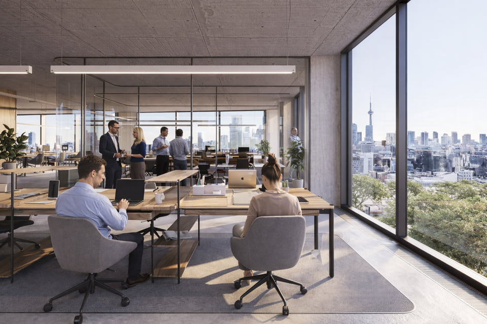 Office rendering of a commercial building at 250 Dundas in Toronto, Ontario
