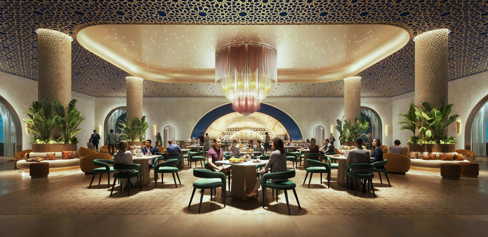 Sports stadium club lounge with a central chandelier, bar, and dining seating