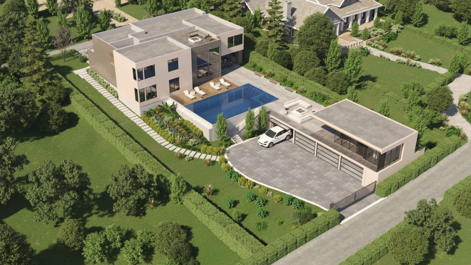 Single-family residential community aerial rendering with tree-lined streets and mountain backdrop