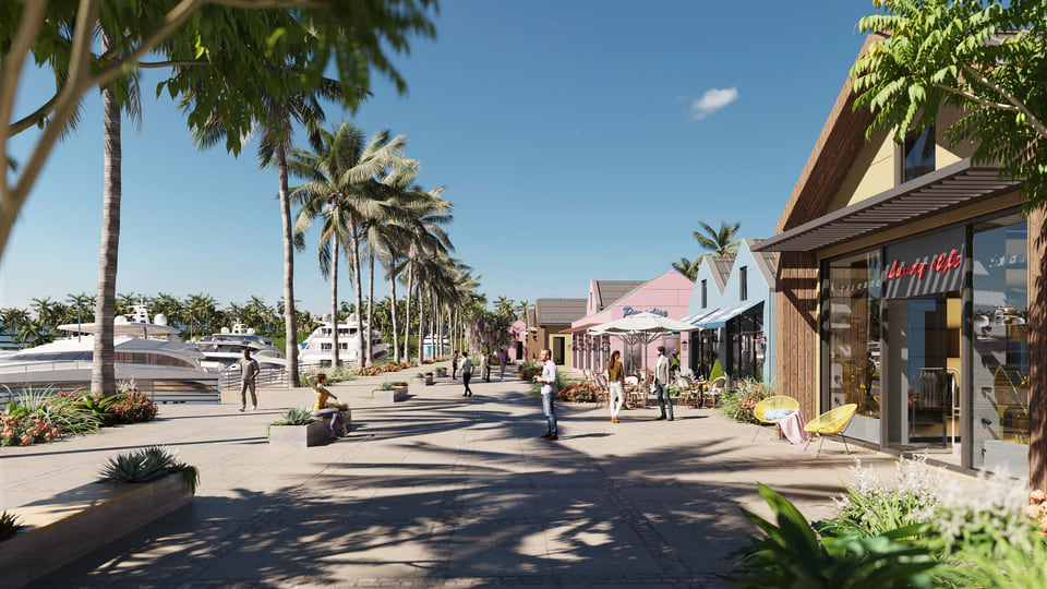 Habacoa, Bahamas — marina village promenade with shops, cafés, palms, and docked yachts