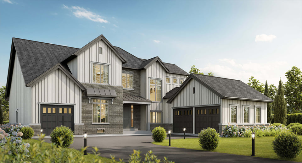 Single-family rendering, front elevation of a coastal shiplap residence with welcoming porch and landscaped drive