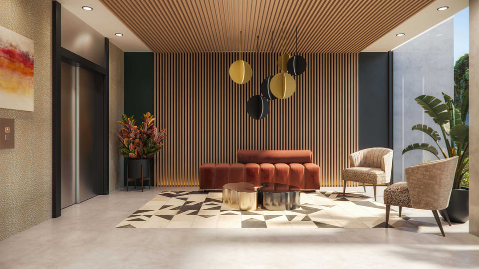 The Colorfield office lobby rendering, Austin TX, warm-lit arrival with modern seating