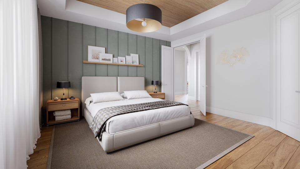 Master bedroom rendering showcasing luxury interior design and warm color palette.